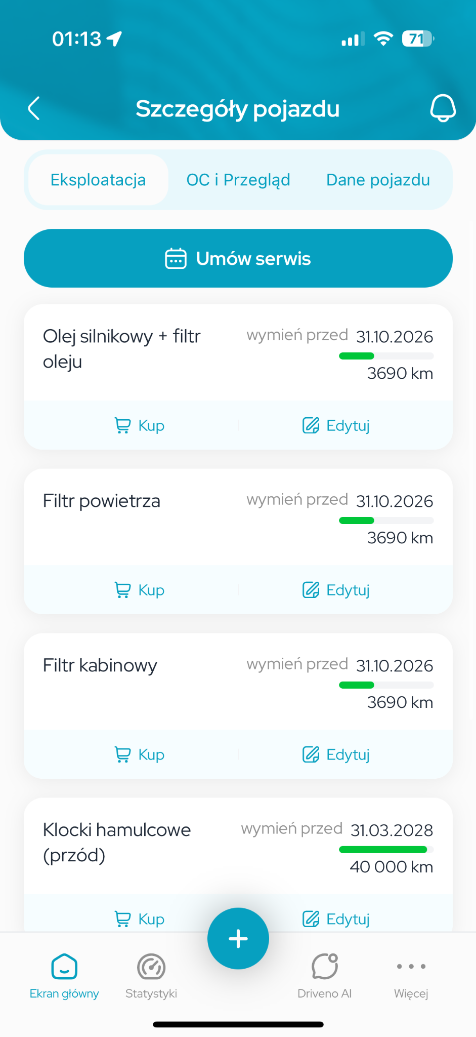Zużycie części i planowanie serwisu w Driveno